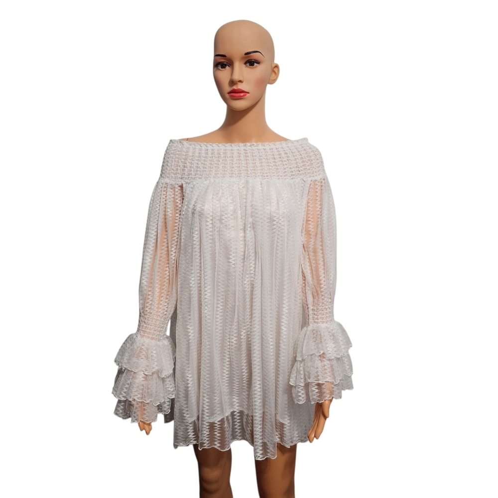 CQ by CQ Lace White Off-Shoulder Ruffle Bell Sleeve Romantic Mini Dress Sz M - Picture 5 of 8